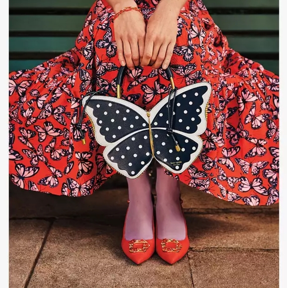 ♠️ Kate Spade Blue & White Wing it Polka Dot Wicker Butterfly Bag - Picture 12 of 12